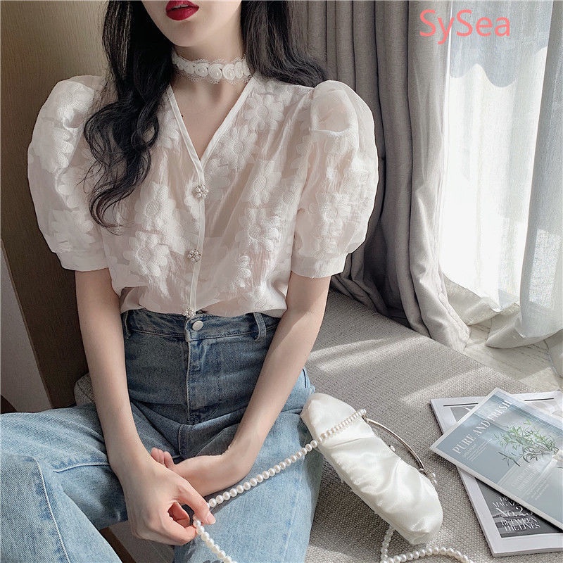 Áo Sơ Mi Voan Đính Nút Ngọc Trai Thời Trang Mùa Hè Dành Cho Nữ