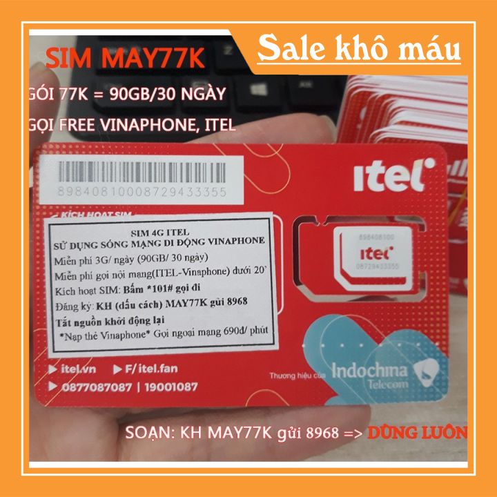 Sim 4G iTel MAY77 Mạng Vinaphone Data 90Gb/Tháng, Gọi Miễn Phí VinaPhone, Sim 4G Phát Wifi Giá Rẻ