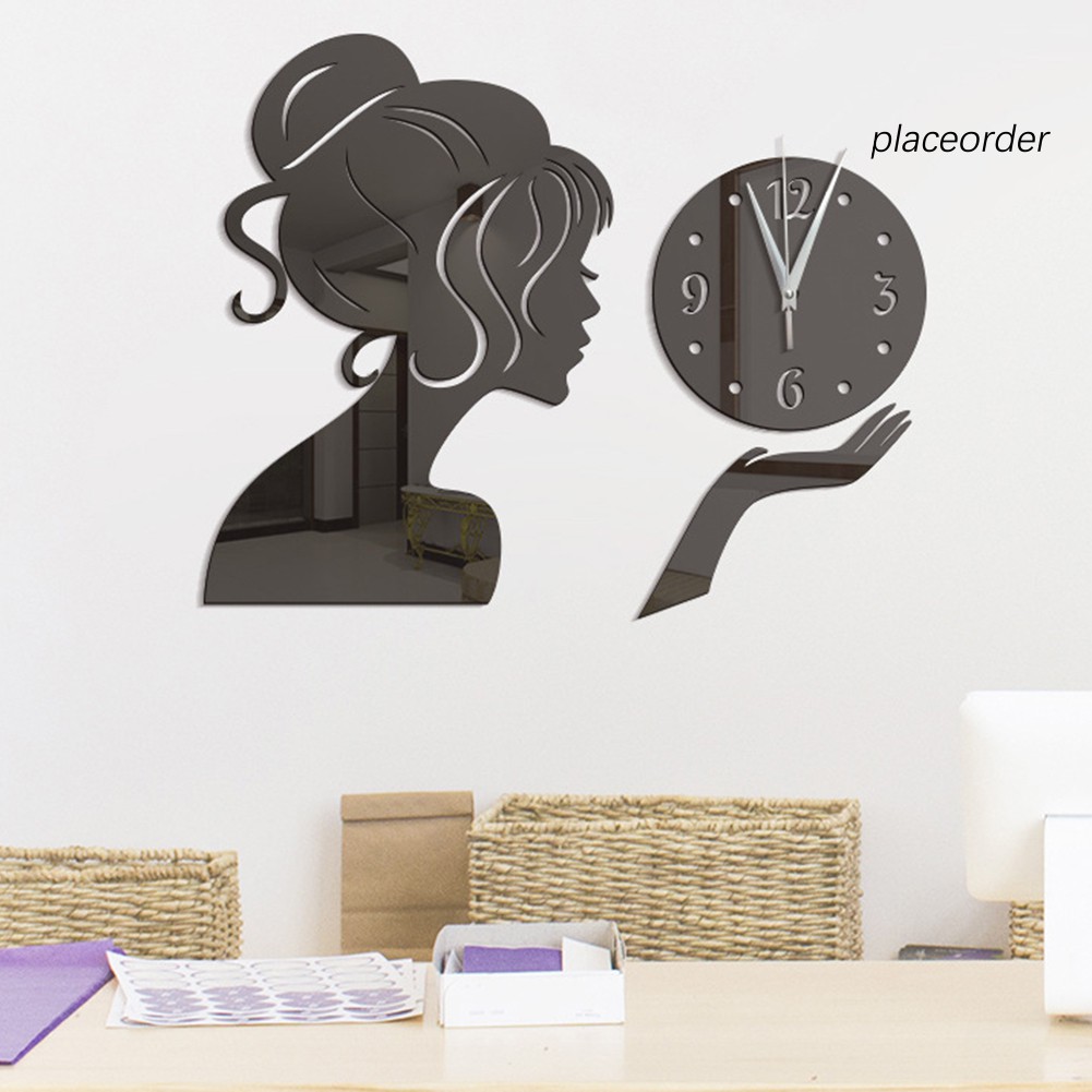 Sticker Dán Tường Hình Đồng Hồ Cô Gái Hiệu Ứng Gương Dùng Trong Trang Trí Phòng Khách