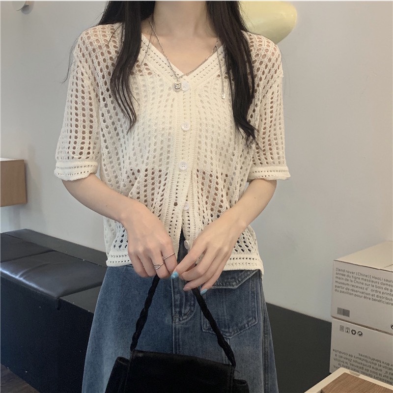 Áo cardigan ngắn tay mỏng dệt kim cổ V Thời Trang Mùa Hè Cho Nữ Quảng Châu cao cấp Kozoda M85