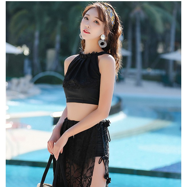 Bikini 2 mảnh yếm ren Cao Cấp BKN8513 ❣️[FREESHIP]❣️Set đồ bơi 2 mảnh kèm choàng Quần cạp cao