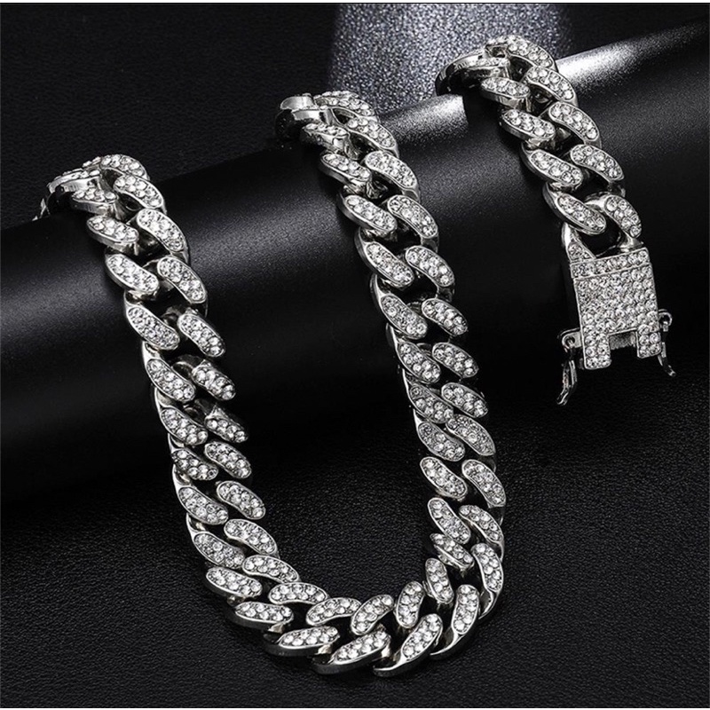 vòng cổ Cuban 12mm Đính Đá Lấp Lánh Sang Trọng Phong Cách Hip Hop Cho Nam Và Nữ