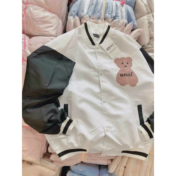 Áo khoác bomber bóng chày dù mero 2 lớp in gấu phối tay unisex ulzzang nam nữ