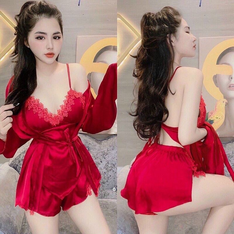 Đồ ngủ sexy 3 món hai dây quần đùi có mút kèm áo choàng lụa satin cao cấp | BigBuy360 - bigbuy360.vn