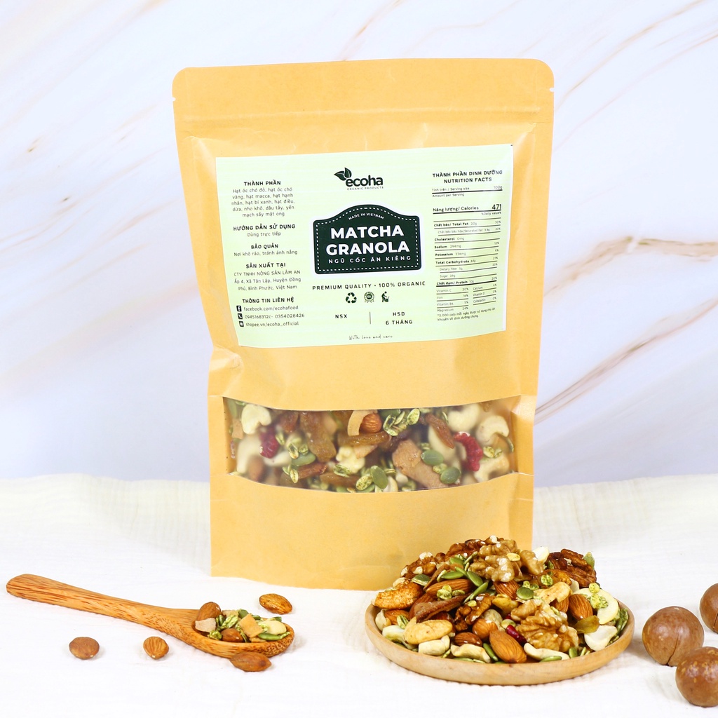 Granola ăn kiêng ECOHA vị Matcha siêu hạt không đường, ngũ cốc giảm cân có macca, óc chó