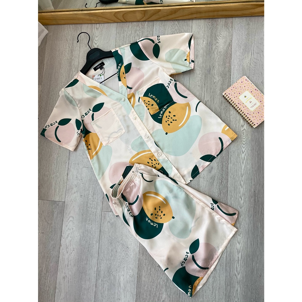 Đồ bộ mặc nhà pijama lửng mặc nhà VIBES Lemon Satin Py Set