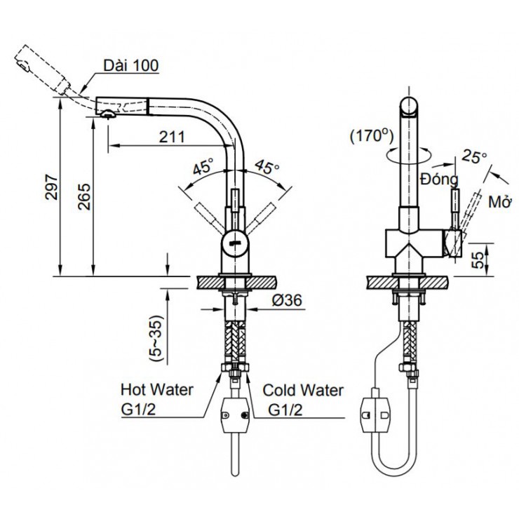 Vòi Rửa Bát Nóng Lạnh rút dây cao cấp Inax SFV-1013SX