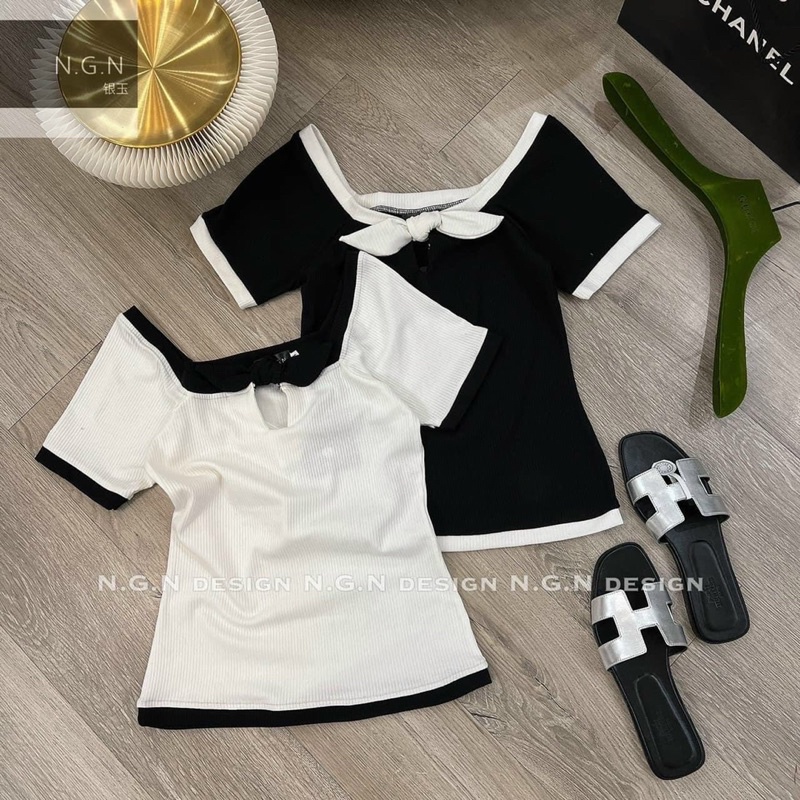 Áo Thun Croptop Tay Ngắn Viền Nơ Ngực