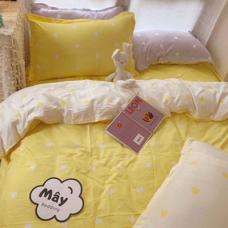 Bộ chăn ga gối Cotton Poly hoạ tiết tim phối màu xám vàng xanh hồng MÂY BEDDING đủ kích thước nệm