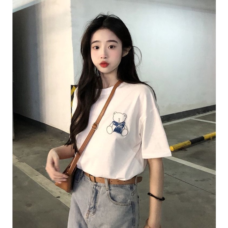 Áo Thun Ngắn Tay Dáng Rộng In Hình Gấu Thời Trang Hàn Quốc Cá Tính