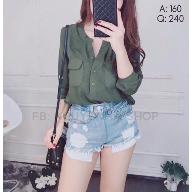 Áo sơ mi cổ trụ hai túi, kèm hình thật