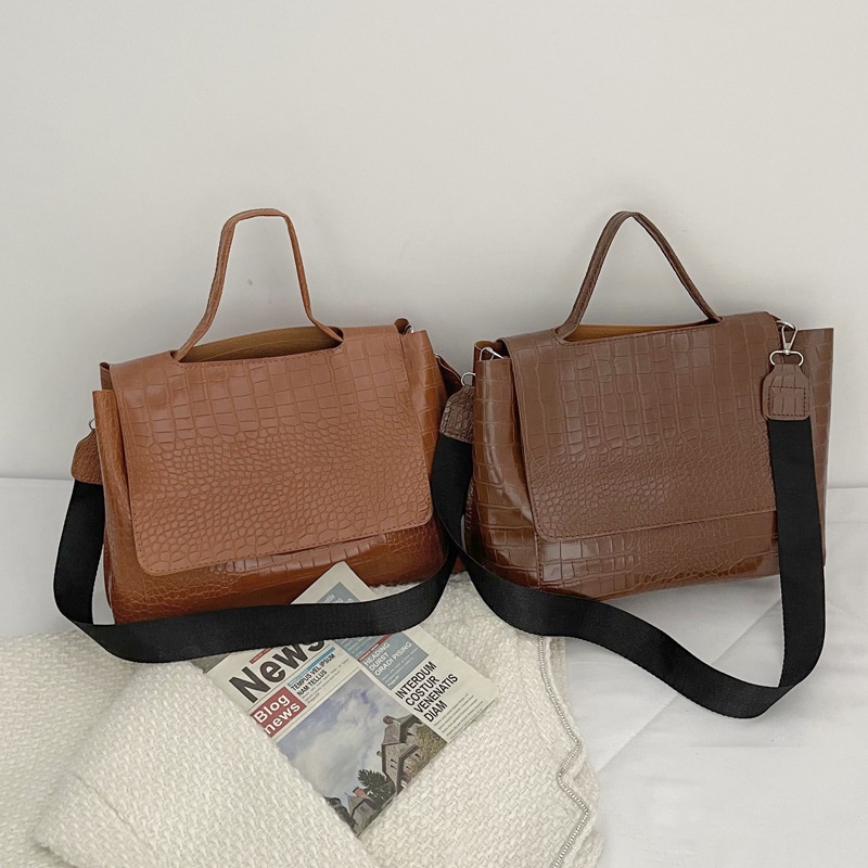 Túi đeo chéo vân da cá sấu sức chứa lớn phong cách retro sang trọng