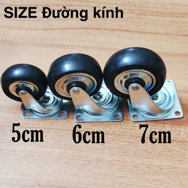 [Bán lẻ 1 cái] Bánh xe xoay 360 độ Vỏ cao su đen cỡ 5cm, 6cm và 7cm