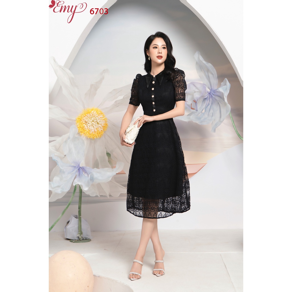 Đầm EMY EM6703 Ren Lá Cổ Bẻ Kết Nút
