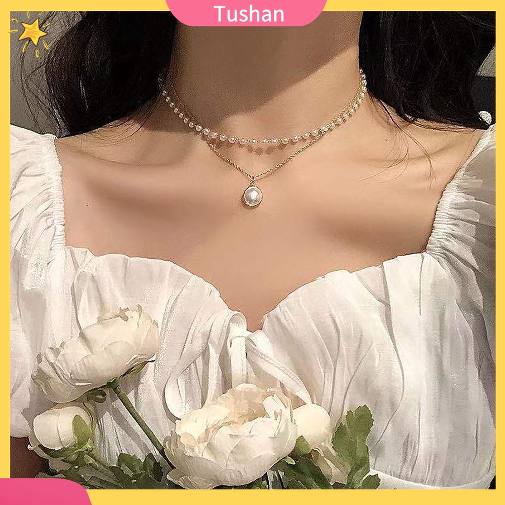 Vòng cổ Hai Lớp Bằng Hợp Kim Đính Ngọc Trai Đơn Giản