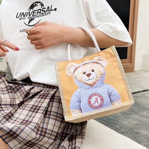 Túi xách tote đan sợi cói cotton lanh trang trí gấu cỡ nhỏ dễ thương