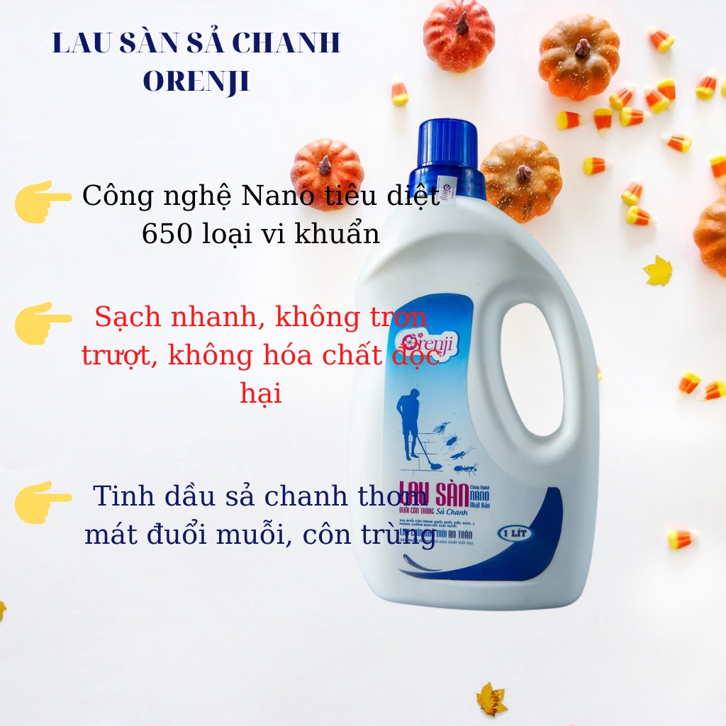 Nước lau sàn sả chanh đuổi côn trùng an toàn không hóa chất ORENJI - sạch nhanh, không nhờn dính, thơm tinh dầu sả chanh