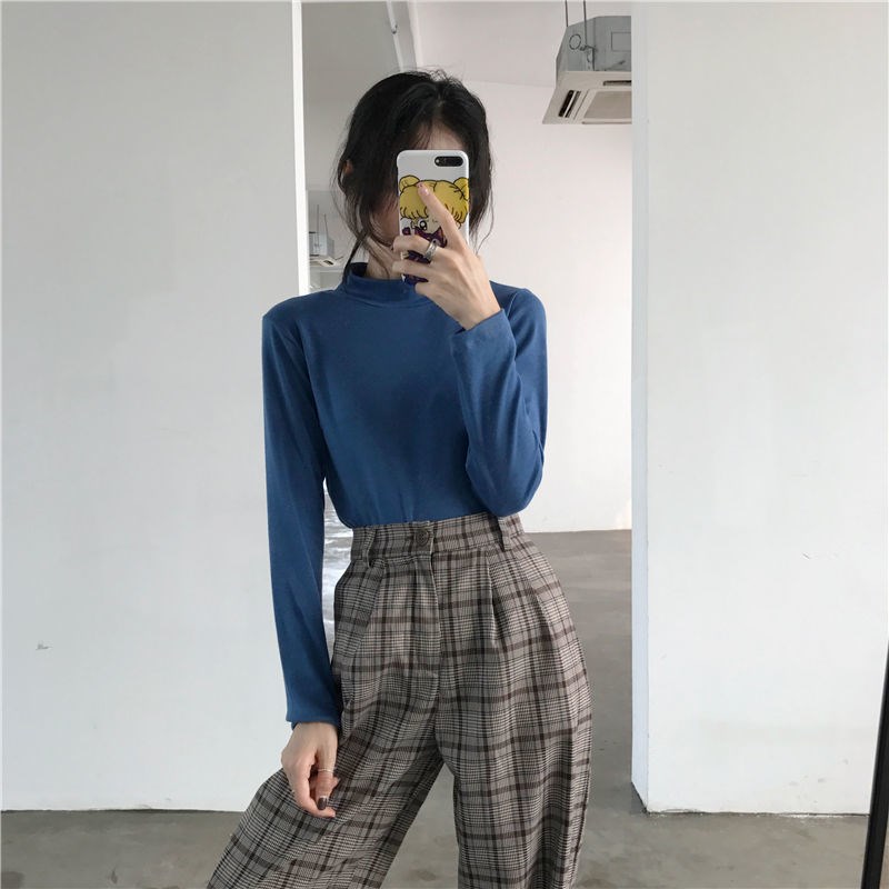 Áo Thun Ôm Tay Dài Cổ Lọ Màu Trơn Thời Trang Đơn Giản Dành Cho Nữ