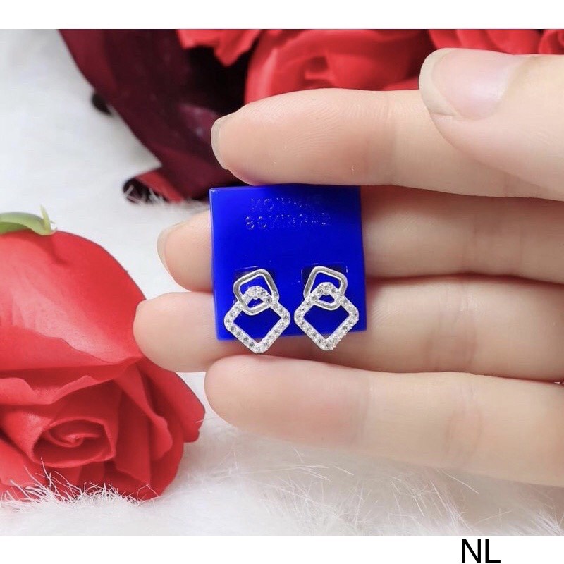 Bông tai nữ bạc ta vuông lồng đính đá sang chảnh - Kho sỉ bạc Nhất Linh