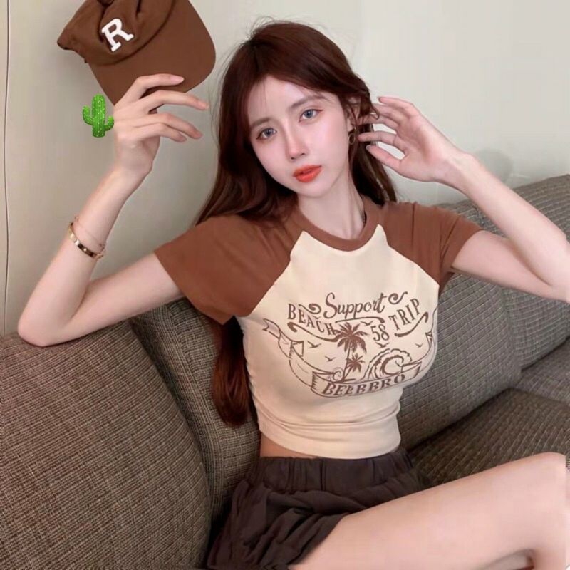 Áo THUN TAY NGẮN ÔM BODY DÁNG Croptop phối in chữ siêu xinh alohashop91