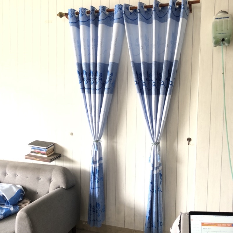 Rèm vải gấm hoa văn kẻ sọc 2 màu xanh biển và ghi xám siêu đẹp miễn phí công may.