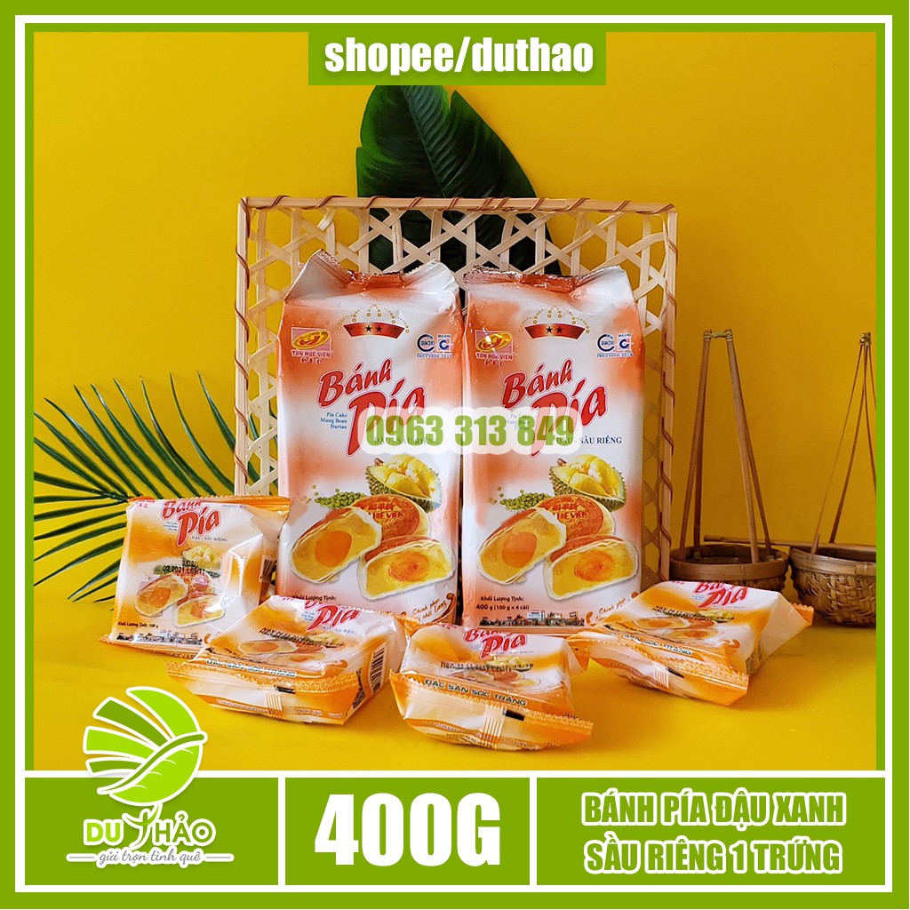 Bánh pía Tân Huê Viên Sóc Trăng đậu xanh sầu riêng 1 trứng 400g, bánh pía truyền thống - túi 4 bánh