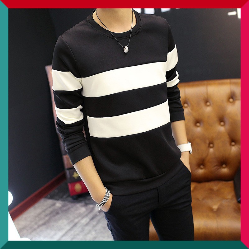 Áo thun nam dài tay TN58 sọc trắng đen hàng mới vải sợi tre tổng hợp thân thiện với môi trường