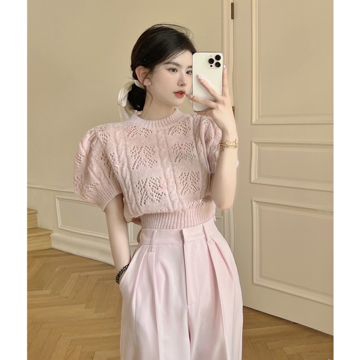 NUZIRO  Áo kiểu  dệt kim tay ngắn phồng trẻ trung thời trang dành cho nữ