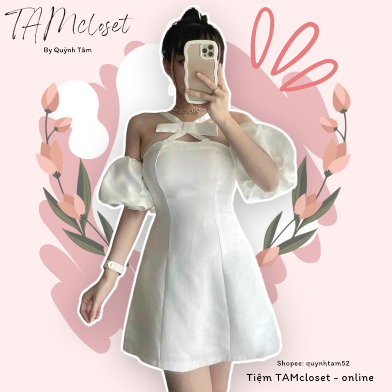 Đầm xoè yếm nơ cổ tay phồng TK1194