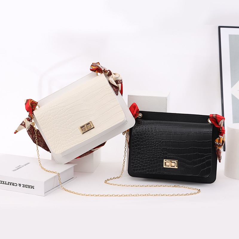 Túi đeo chéo dáng vuông vân da cá sấu hai mặt phối khăn choàng đựng điện thoại thời trang Hàn Quốc cho nữ