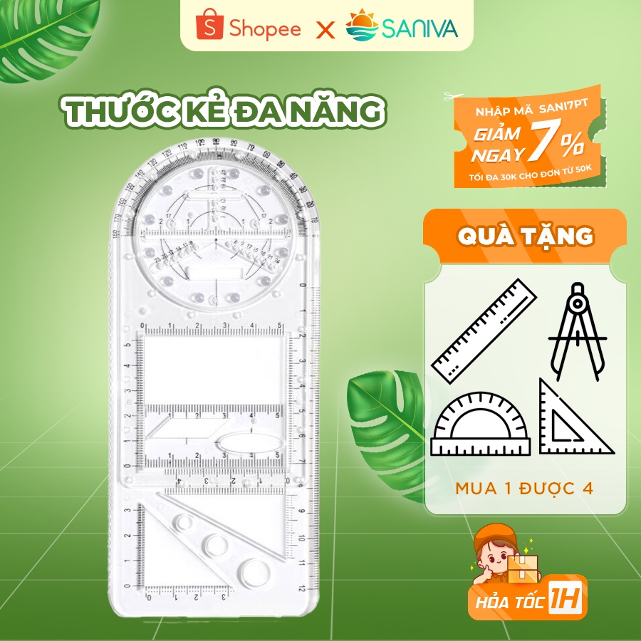 Thước Kẻ Đa Năng 4 Trong 1 - Thước Vẽ Hình Tiện lợi Tích Hợp Ê Ke Thước Kẻ Thước Đo Độ Compa Phù Hợp Cho Trẻ Học Hình