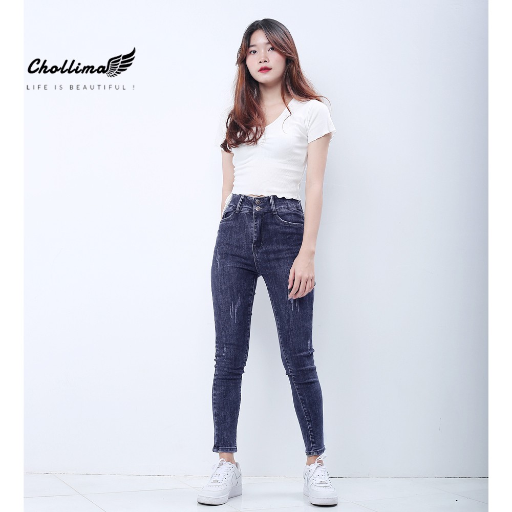 Quần jeans nữ co giãn Chollima cạp siêu cao mài xước màu xanh xám QD038 phong cách trẻ trung năng động