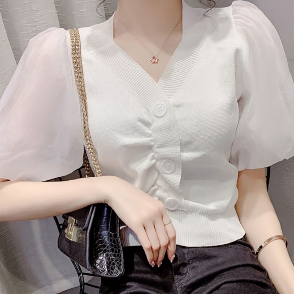 Áo Cardigan Dệt Kim Phối Voan Thời Trang Mùa Hè Cho Nữ