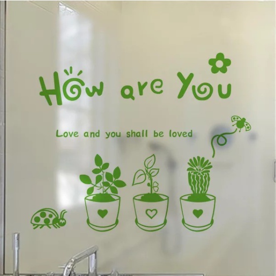 Decal dán kính cao cấp - Chậu cây dễ thương how are you (60x58cm)