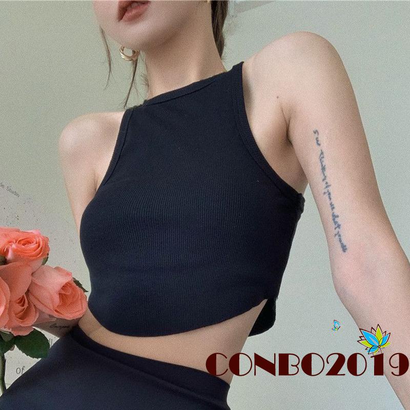 Hgm-áo Lửng Ôm Dáng Không Tay Cổ Tròn Màu Trơn Màu Trơn Cho Nữ Với Màu Trắng/Đen
