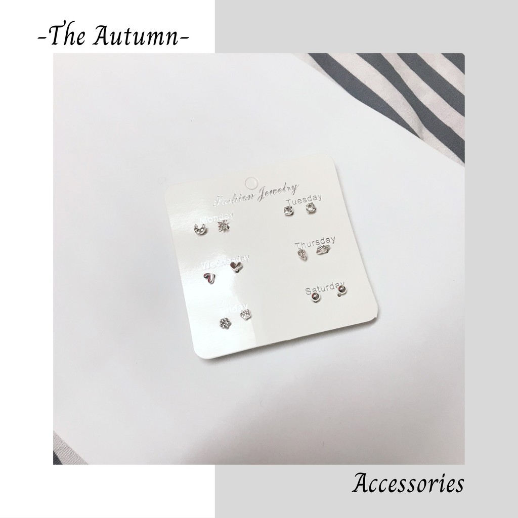 Set 6 đôi khuyên tai mạ bạc đính đá pha lê đơn giản dễ thương phong cách Hàn Quốc cho nữ - The Autumn Accessorie