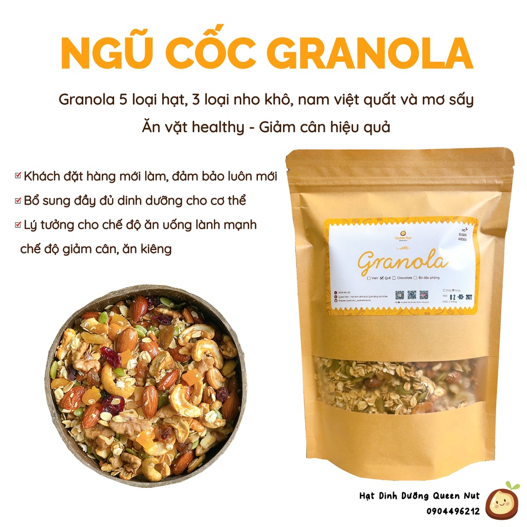 Ngũ cốc Ăn Kiêng, Giảm cân Granola Không đường Siêu Hạt 500G - Bữa sáng /bữa phụ dinh dưỡng, tiện lợi, giảm cân