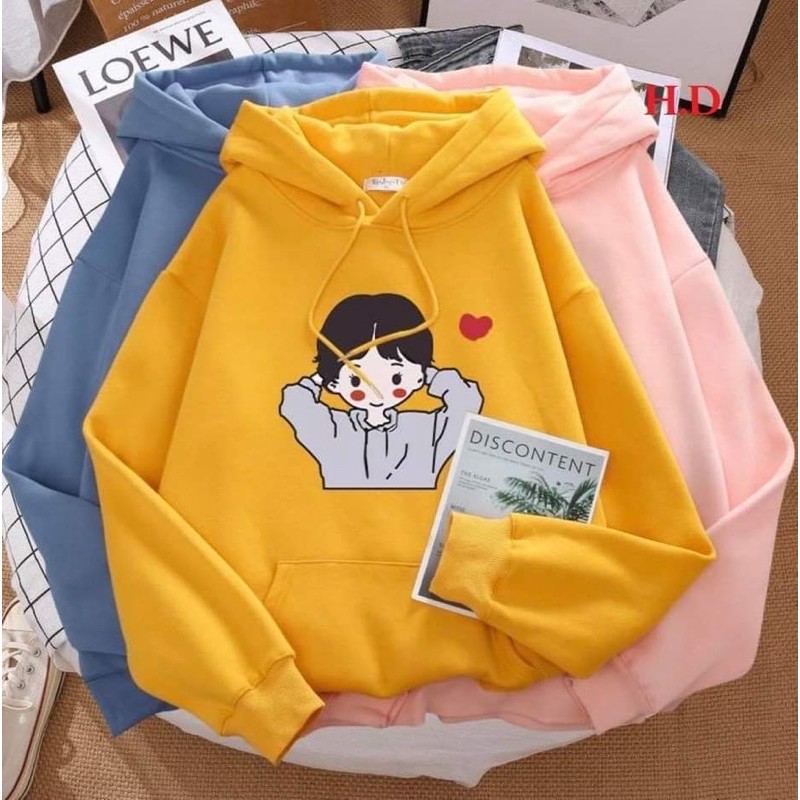 Áo hoodie cô gái má đỏ tim, áo thun nam nữ, dài tay, sét bộ mặc ở nhà và mặc đi chơi - LEEDA MODY