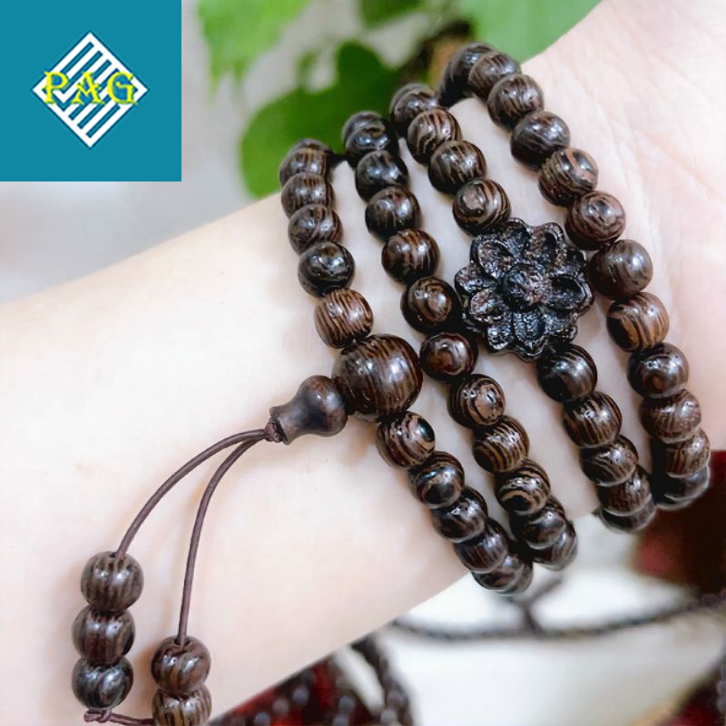 Vòng Tay Trầm Hương, Chuỗi Vòng 108 Hạt Trầm Mix Bông Sen Tặng Kèm Hộp Đựng