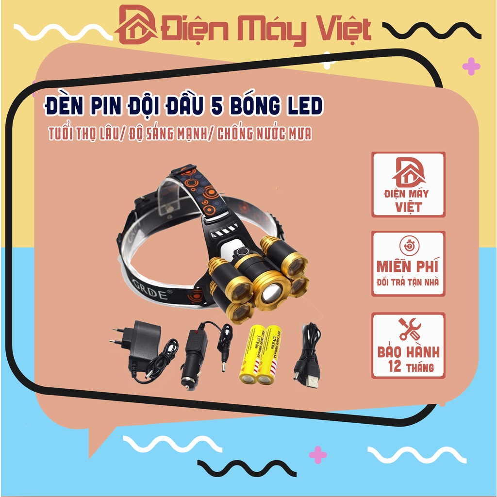 [Bảo Hành 12 Tháng] Đèn Pin Đội Đầu 5 Bóng Led Siêu Sáng Tích Điện Tặng Kèm Pin Và Sạc