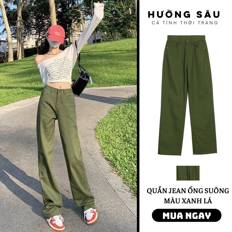 Quần jean nữ ống suông dáng trơn màu XANH độc lạ lưng cao tôn dáng