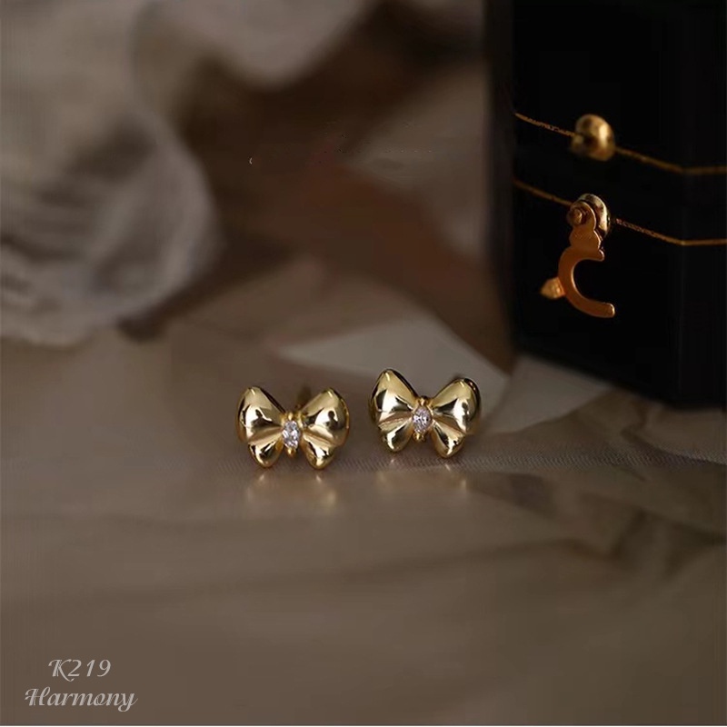 Khuyên tai nữ bạc nơ nhỏ đính đá 2 màu bạc và vàng đơn giản, xinh xắn | HARMONY ACCESSORIES K219