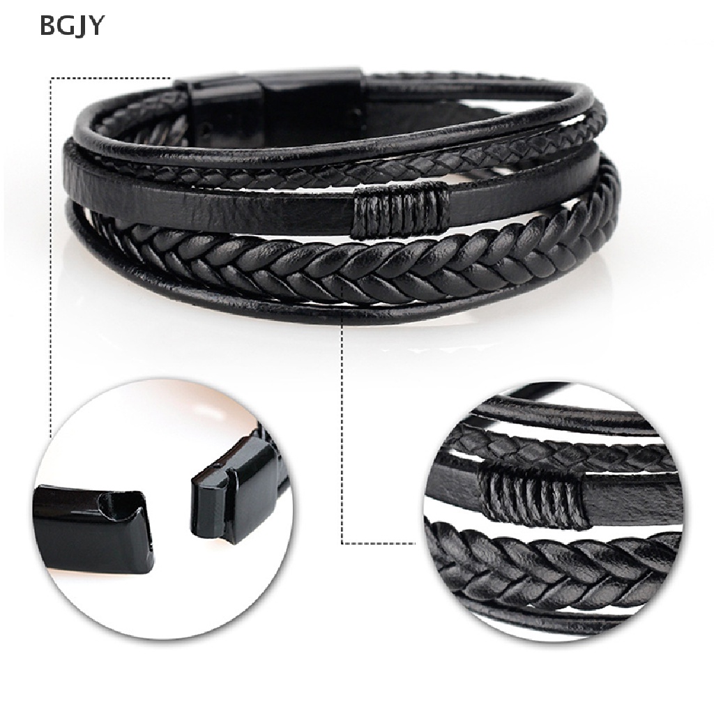 BGJY Trendy Leather Bracelets Men Stainless Steel Multilayer Braided Rope Bracelets NEW