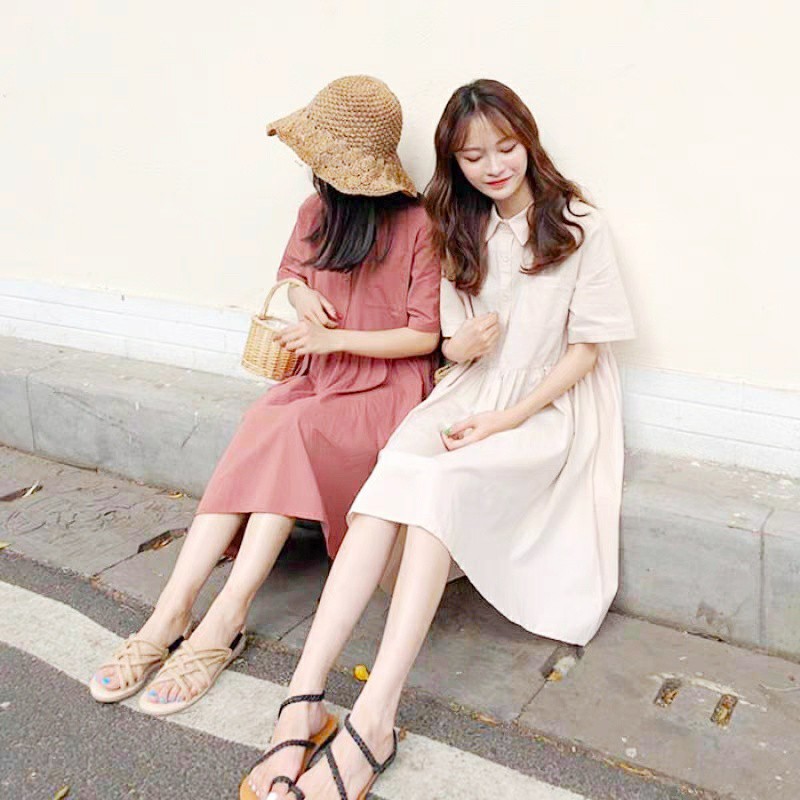 VÁY BABYDOLL CỔ BẺ SƠ MI 2 MÀU HỒNG TRẮNG ULZZANG