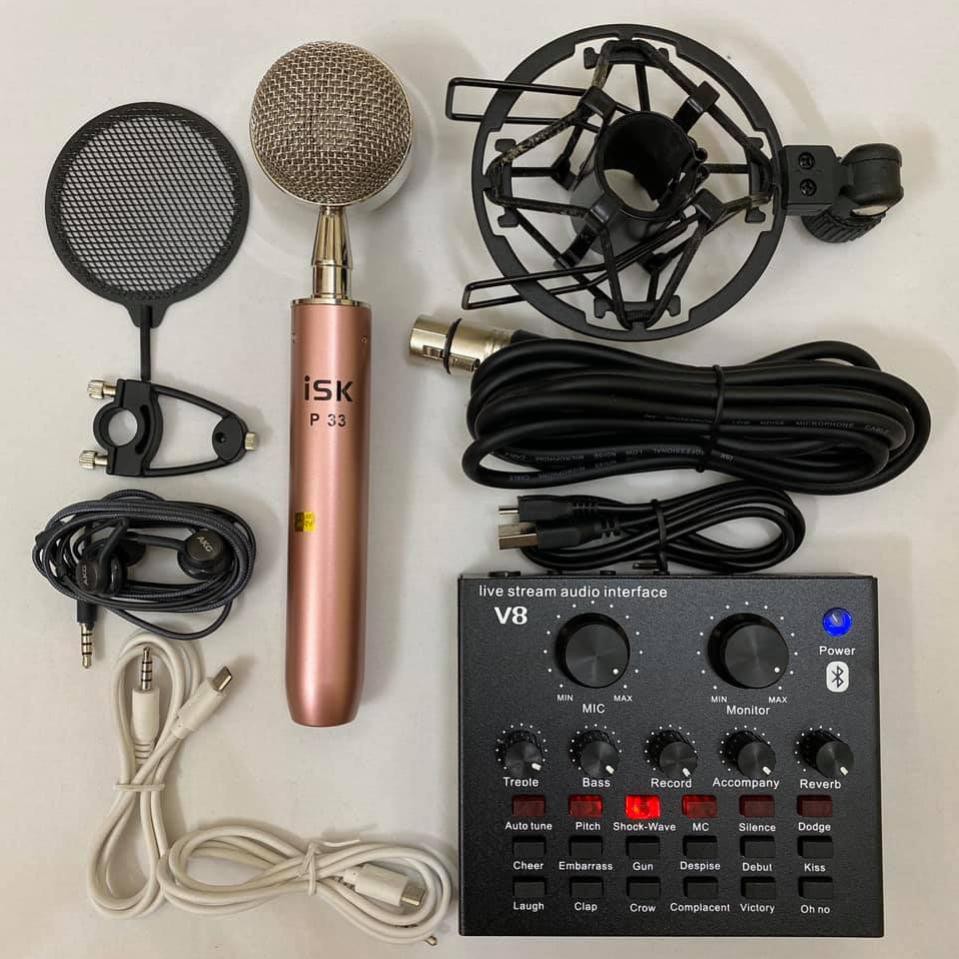 combo bộ míc thu âm livestream hát karaoke online micro ISK P33 CARD V8 bluetooth TẶNG TAI NGHE
