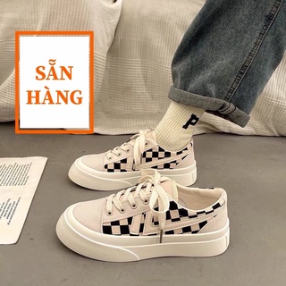 Giày thể thao nữ độn đế mũi viền kẻ caro 2 màu Cao Cấp