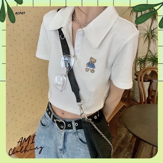 Áo Croptop thun cổ bẻ Polo Thêu Gấu