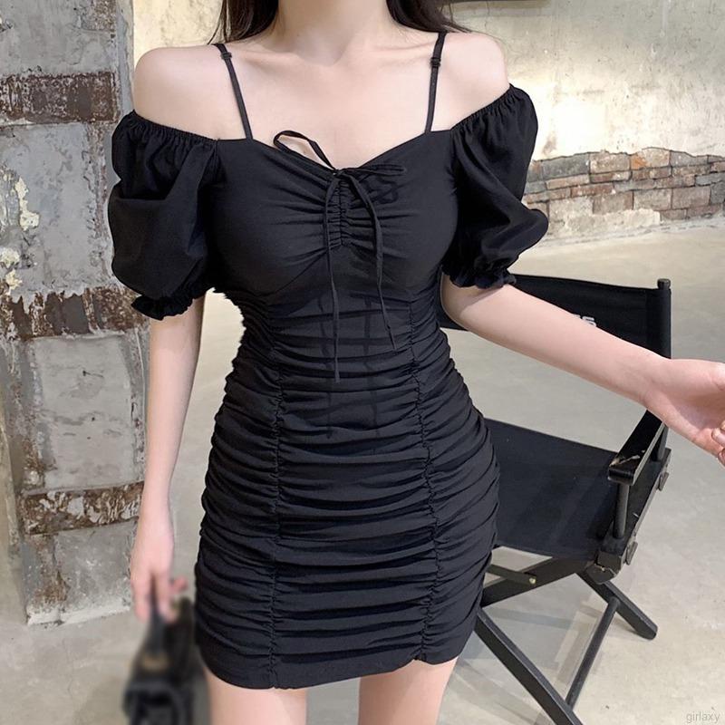 Đầm Tay Ngắn Phồng Cổ Vuông Màu Sắc Ngọt Ngào Phong Cách Hàn Quốc