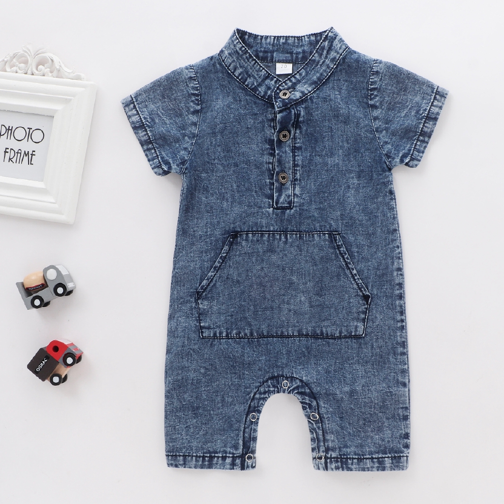 1 Bộ Jumpsuit Denim Tay Ngắn Cho Bé Trai &amp; Gái Sơ Sinh Từ 0-18 Tháng Tuổi