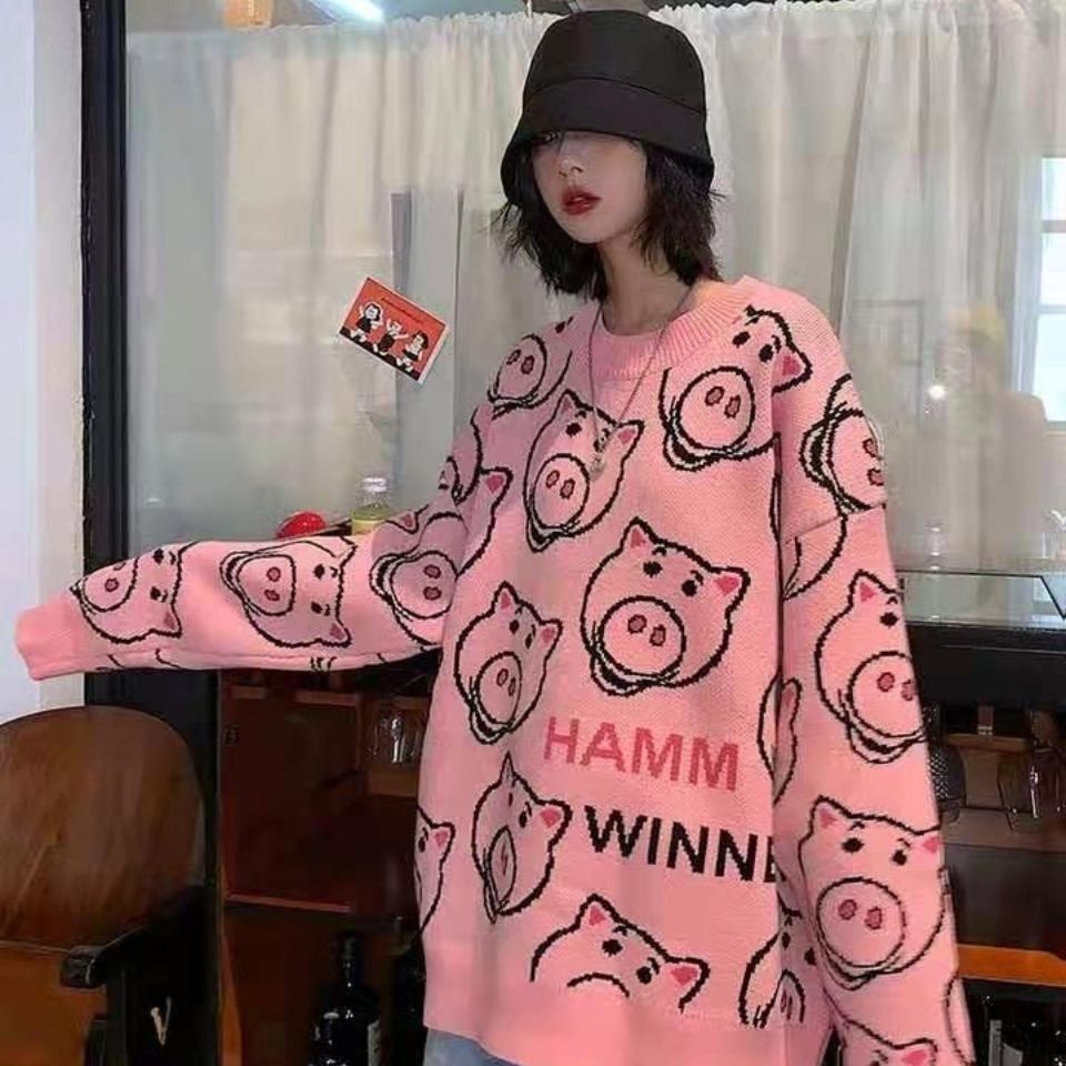 Áo Sweater Dệt Kim Chui Đầu Dáng Rộng In Hình Gấu Dâu Tây Phong Cách Hàn Quốc Thời Trang Thu Đông Mới Cho Nữ